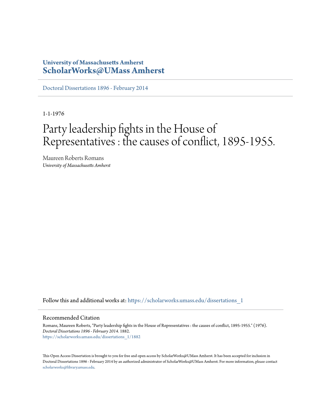 Party Leadership Fights in the House of Representatives : the Causes of Conflict, 1895-1955