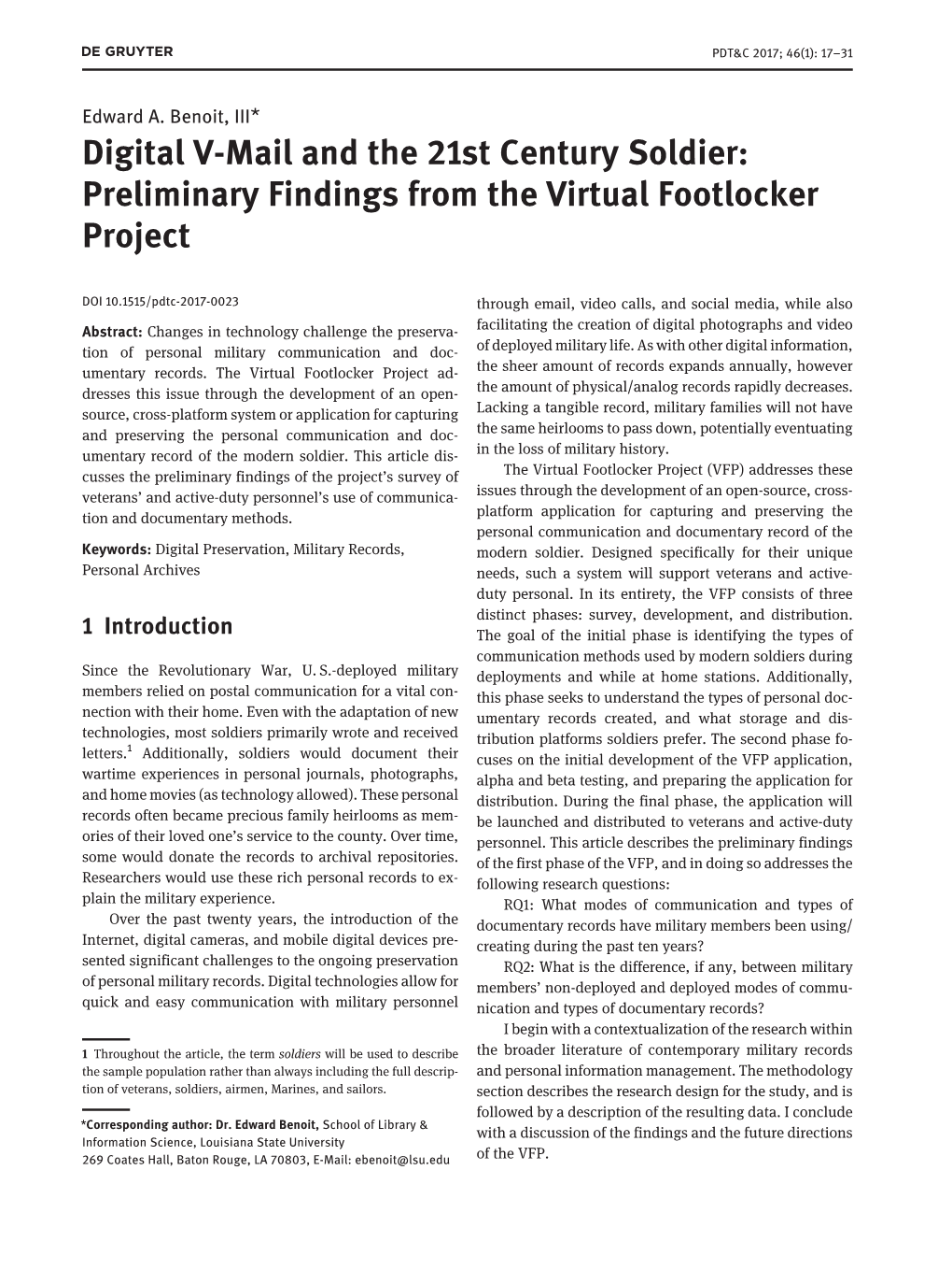 Digital V-Mail and the 21St Century Soldier: Preliminary Findings from the Virtual Footlocker Project