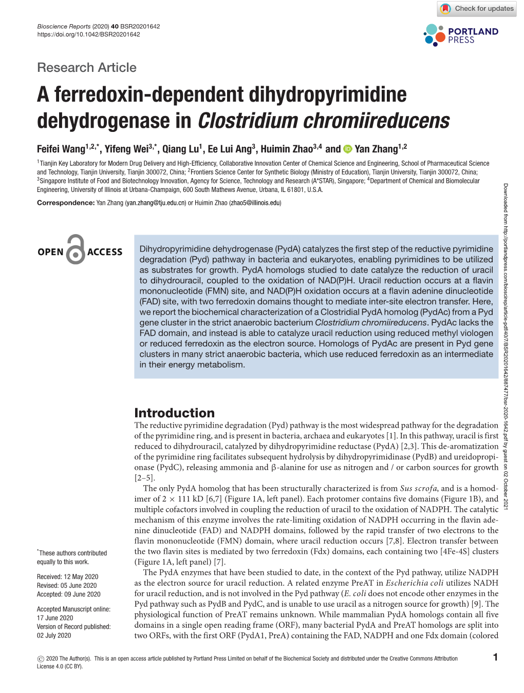 A Ferredoxin-Dependent Dihydropyrimidine Dehydrogenase in Clostridium Chromiireducens