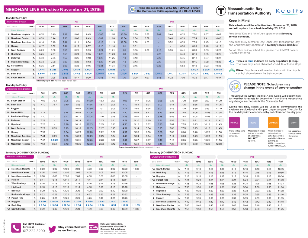 NEEDHAM LINE the Commuter Rail Is Operating at a BLUE LEVEL