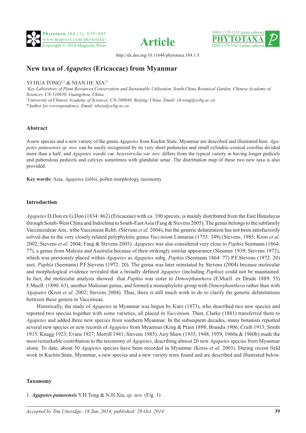 New Taxa of Agapetes (Ericaceae) from Myanmar