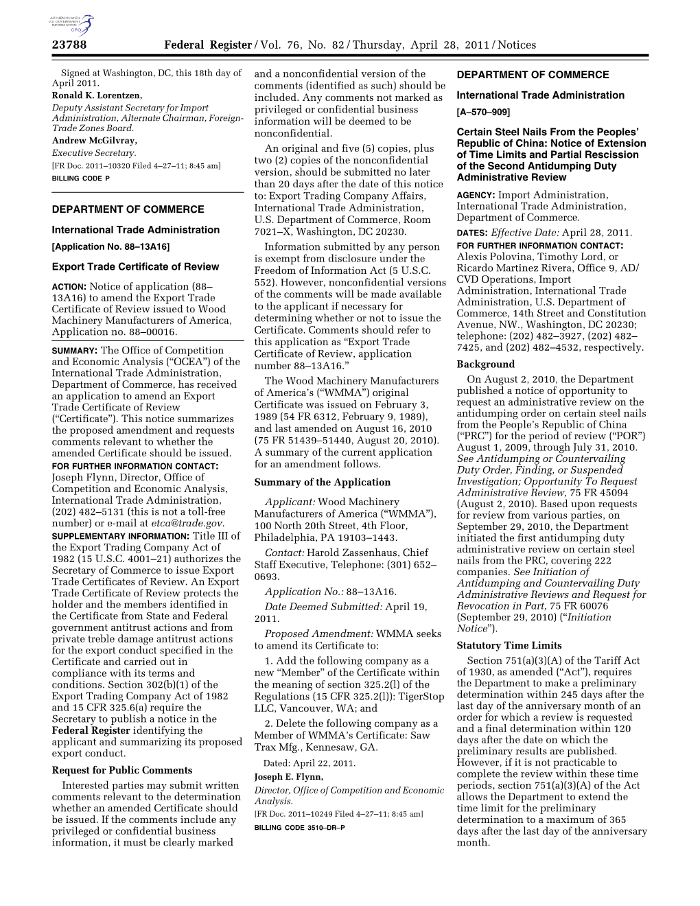 Federal Register/Vol. 76, No. 82/Thursday, April 28, 2011/Notices