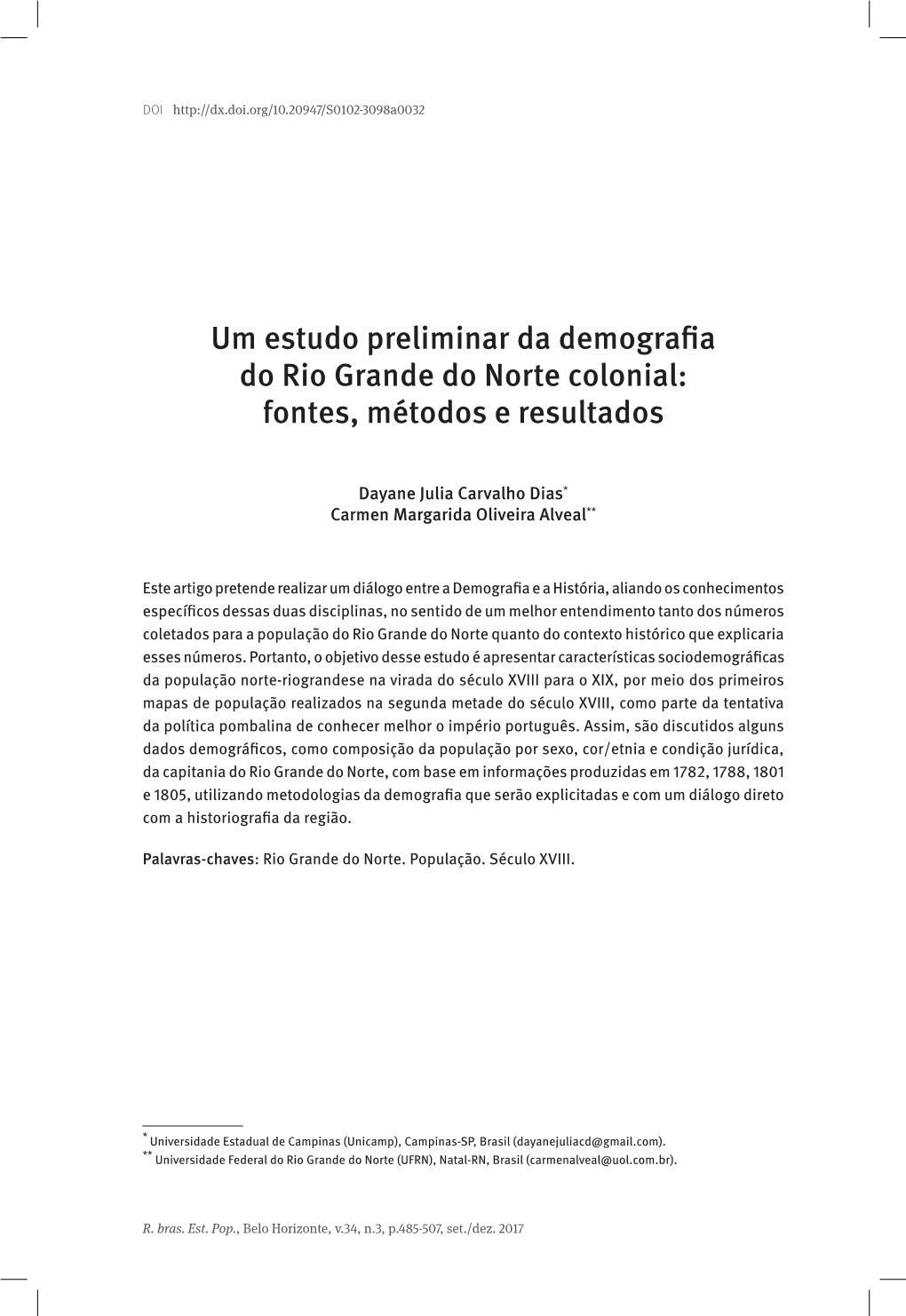 Um Estudo Preliminar Da Demografia Do Rio Grande Do Norte Colonial: Fontes, Métodos E Resultados