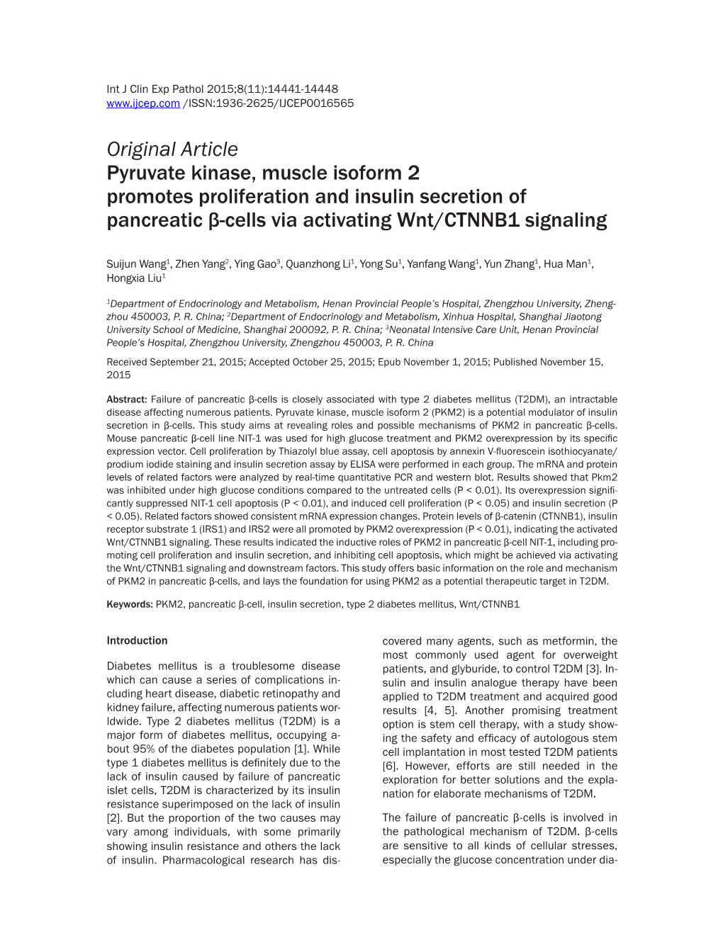 Original Article Pyruvate Kinase, Muscle Isoform 2 Promotes Proliferation and Insulin Secretion of Pancreatic Β-Cells Via Activating Wnt/CTNNB1 Signaling