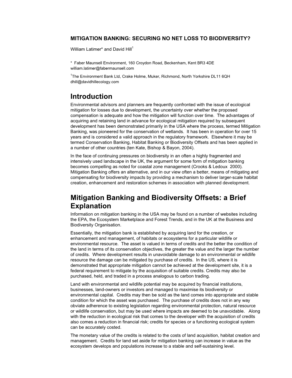 Introduction Mitigation Banking and Biodiversity Offsets