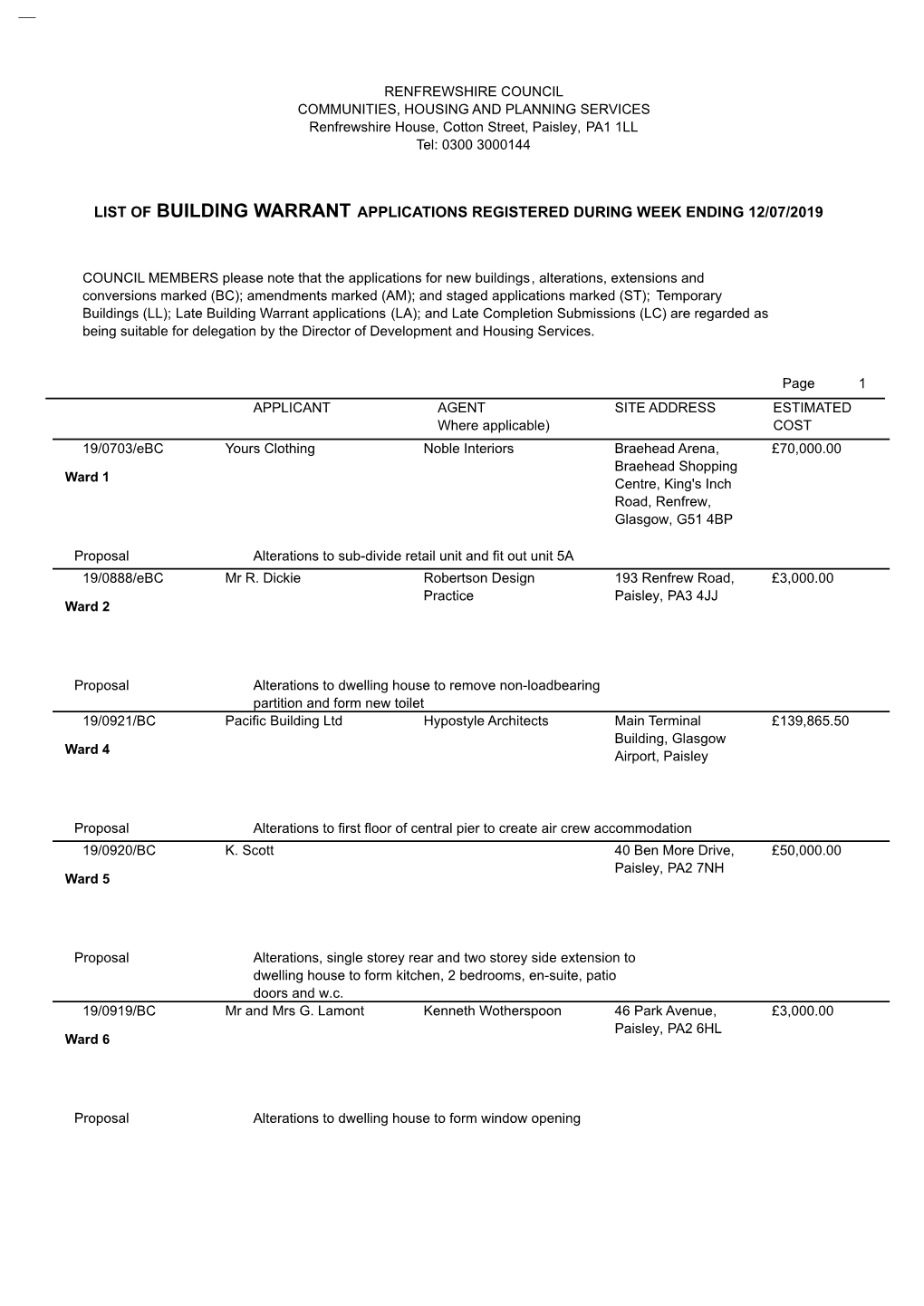 List of Building Warrant Applications Registered During Week Ending 12/07/2019