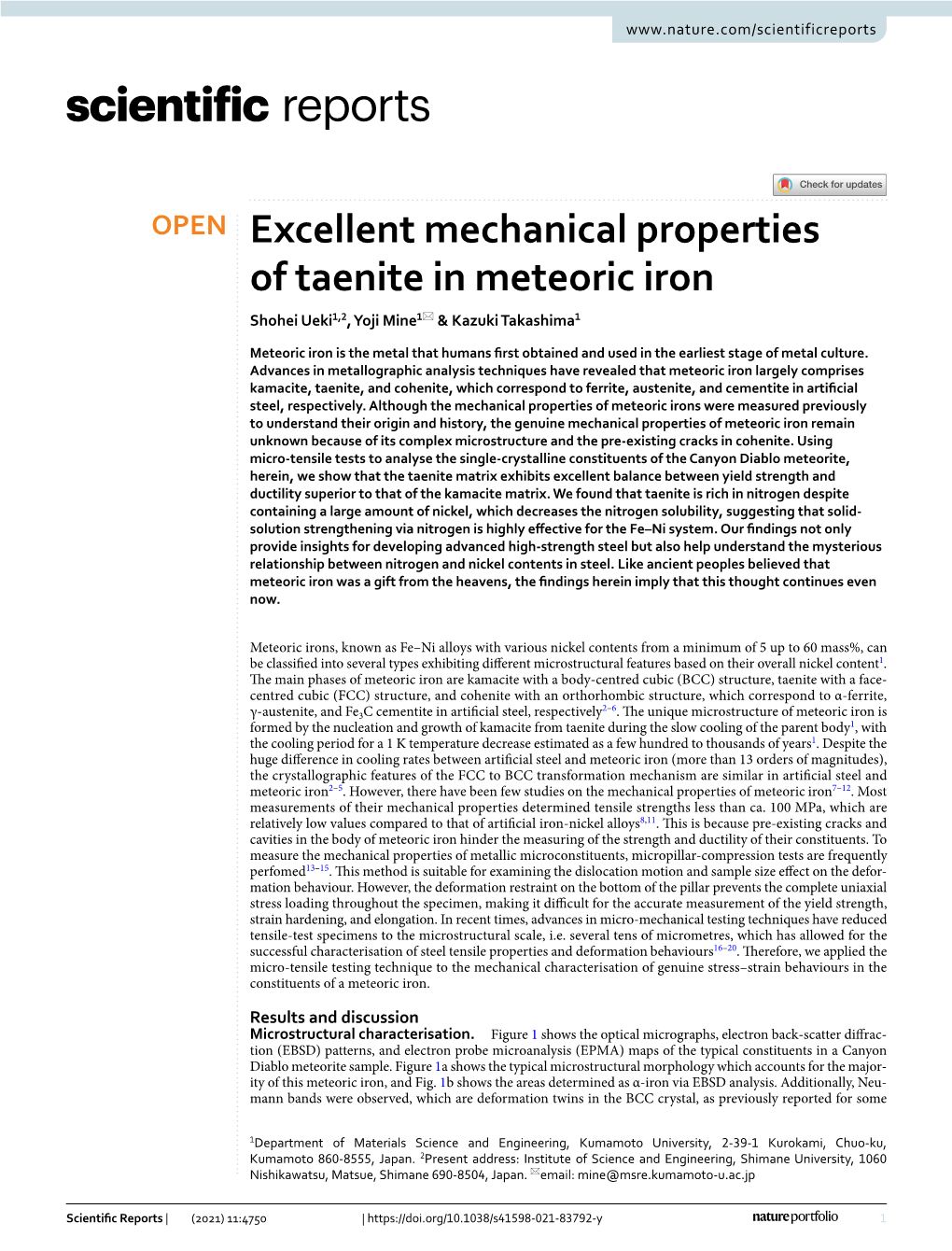 Excellent Mechanical Properties of Taenite in Meteoric Iron Shohei Ueki1,2, Yoji Mine1* & Kazuki Takashima1