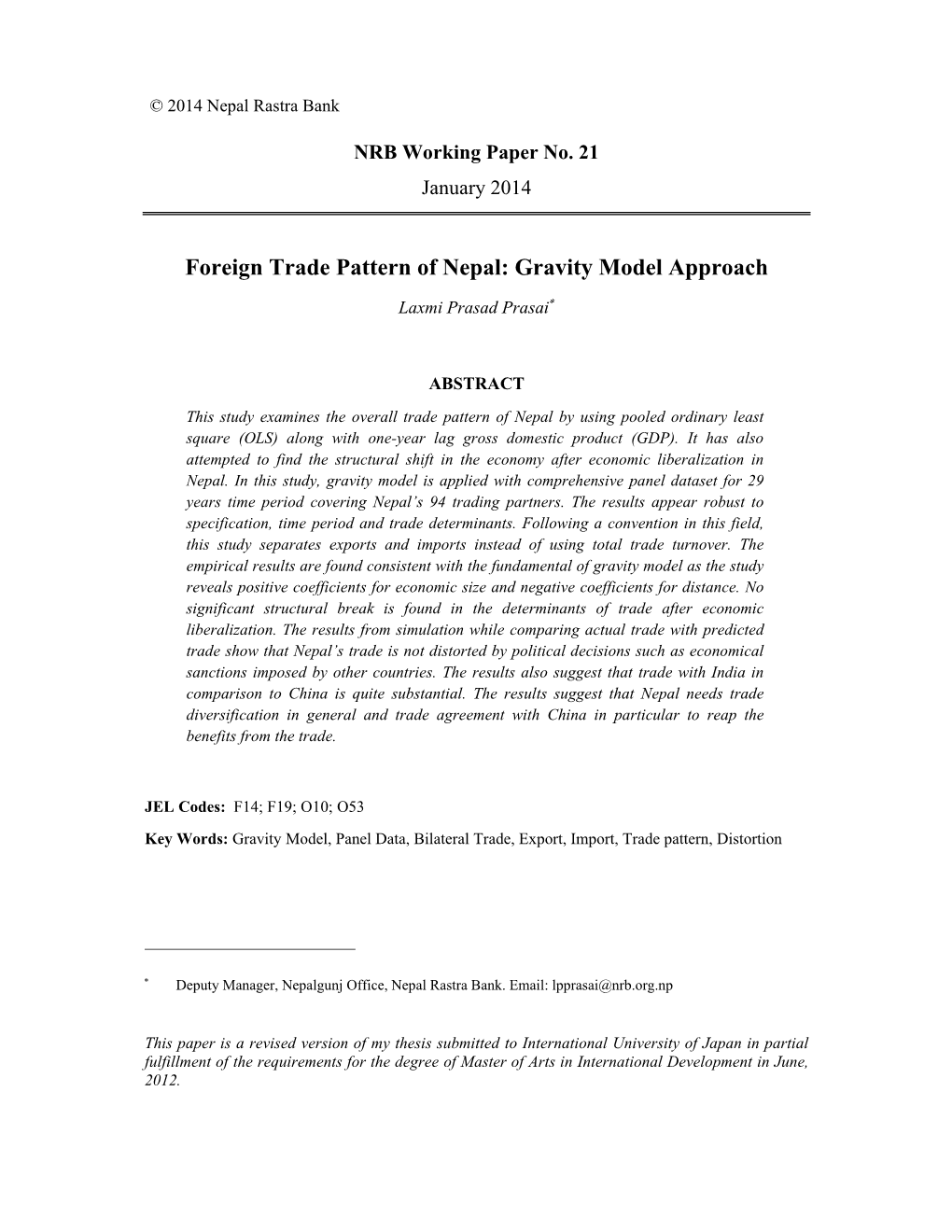 Foreign Trade Pattern of Nepal: Gravity Model Approach