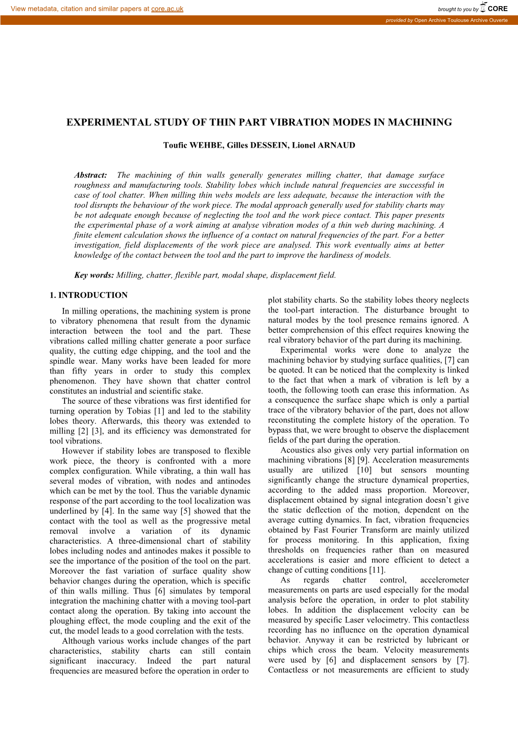 Experimental Study of Thin Part Vibration Modes in Machining