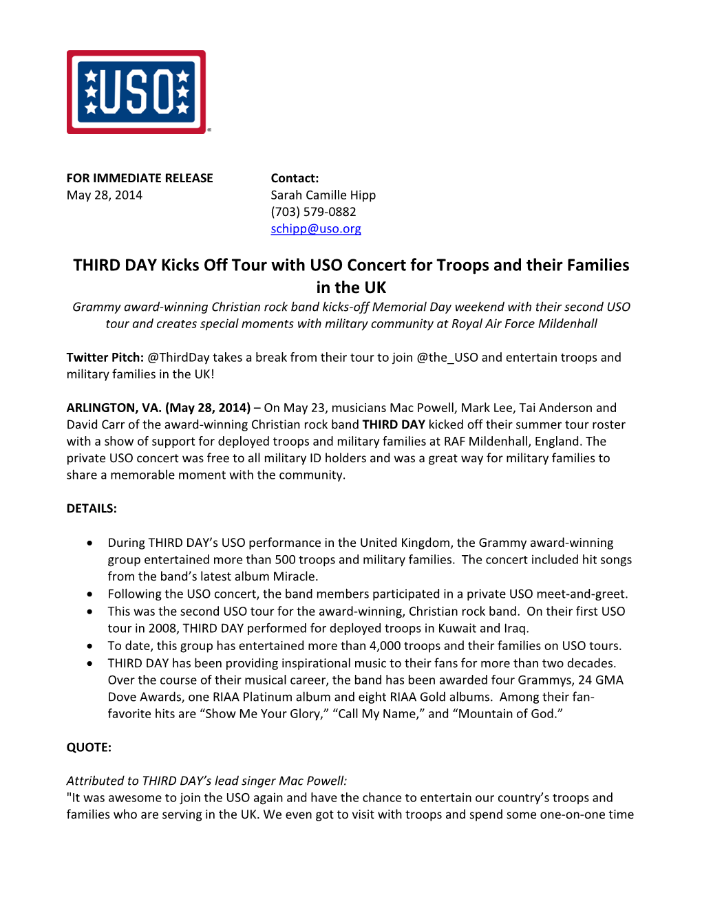 THIRD DAY Kicks Off Tour with USO Concert for Troops and Their