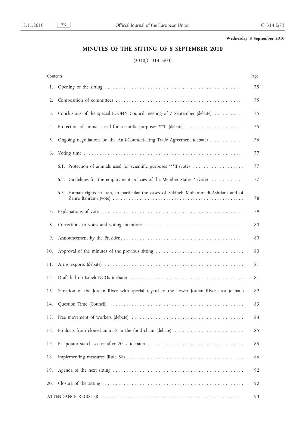 Minutes of the Sitting of 8 September 2010