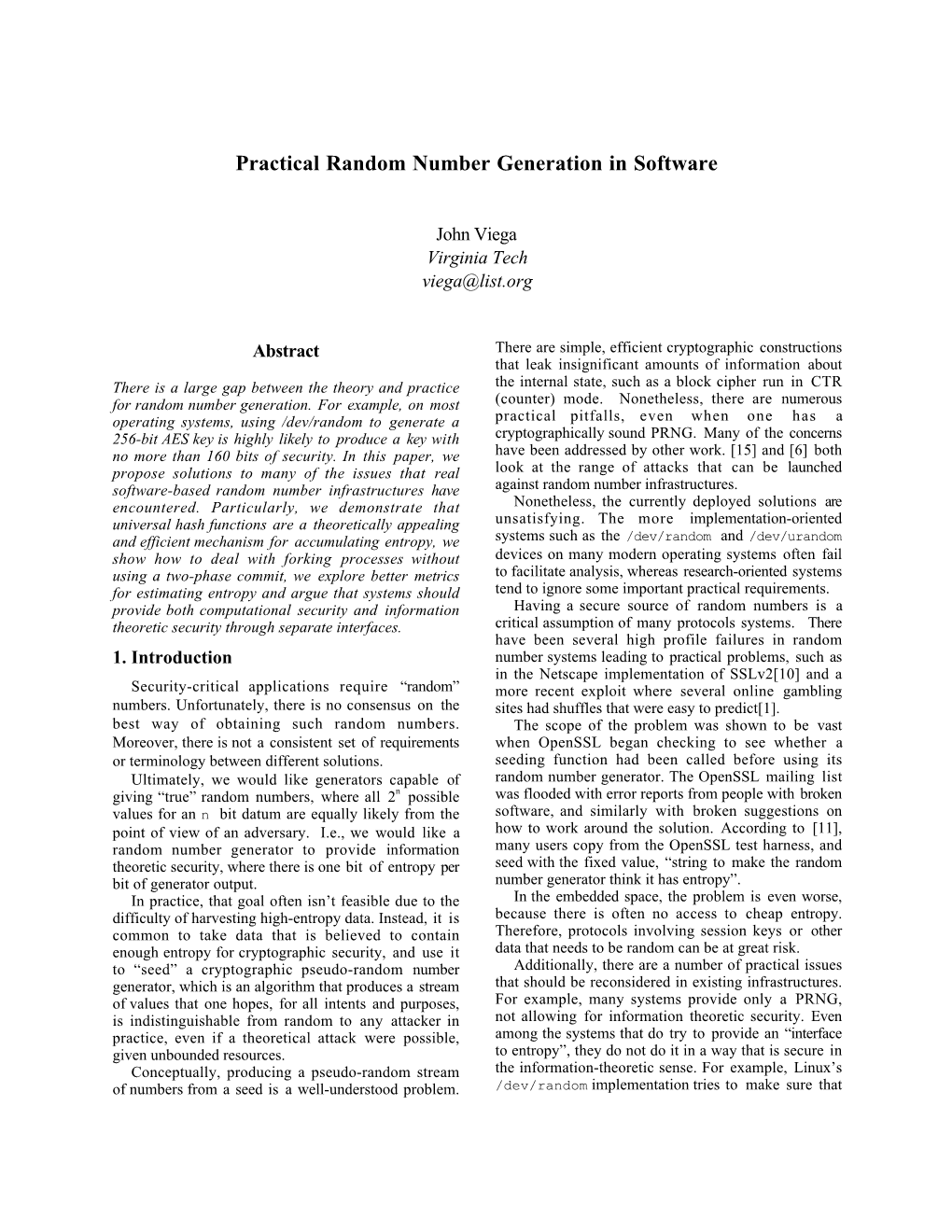 Practical Random Number Generation in Software