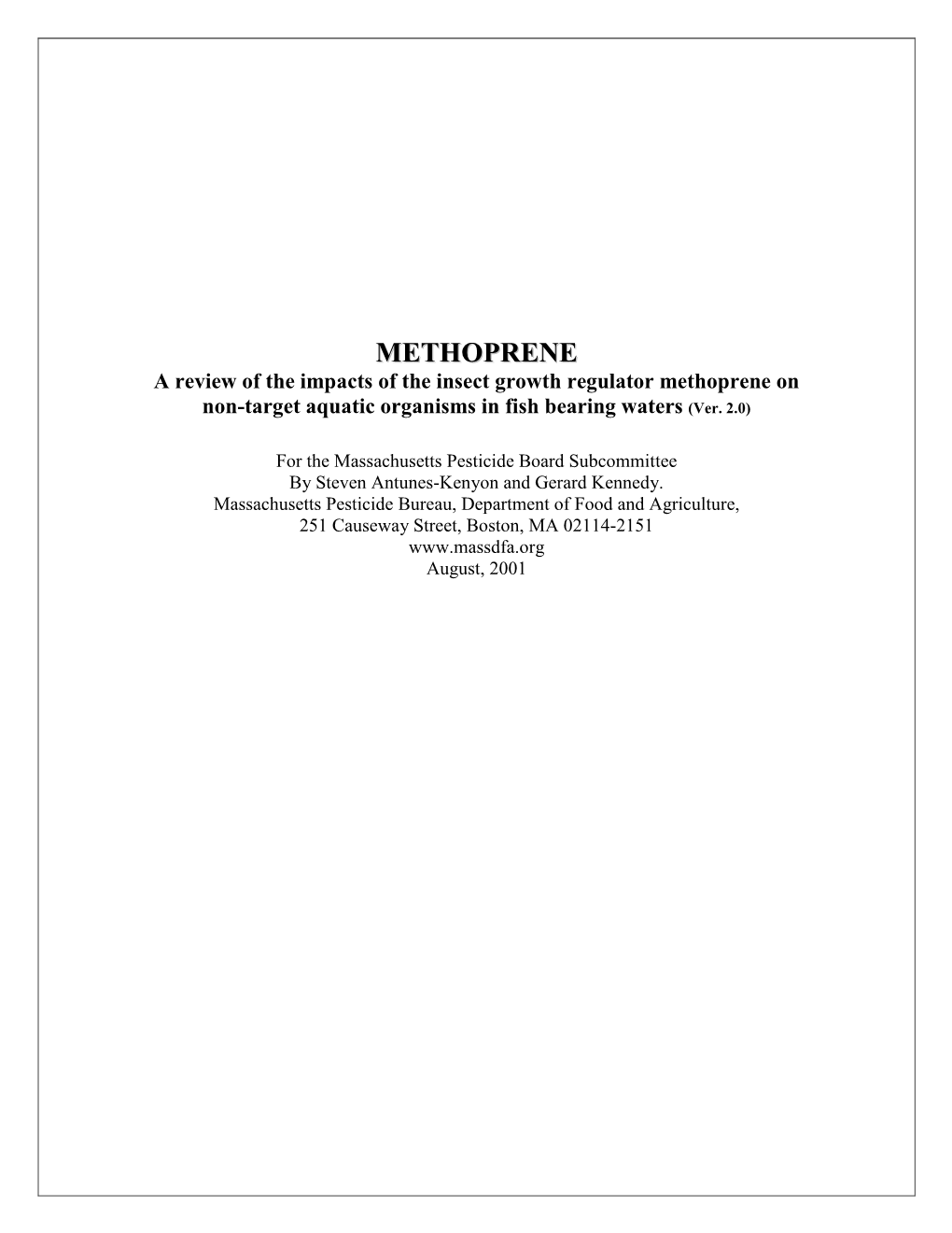 A Review of the Impacts of the Insect Growth Regulator Methoprene on Non-Target Aquatic Organisms in Fish Bearing Waters (Ver