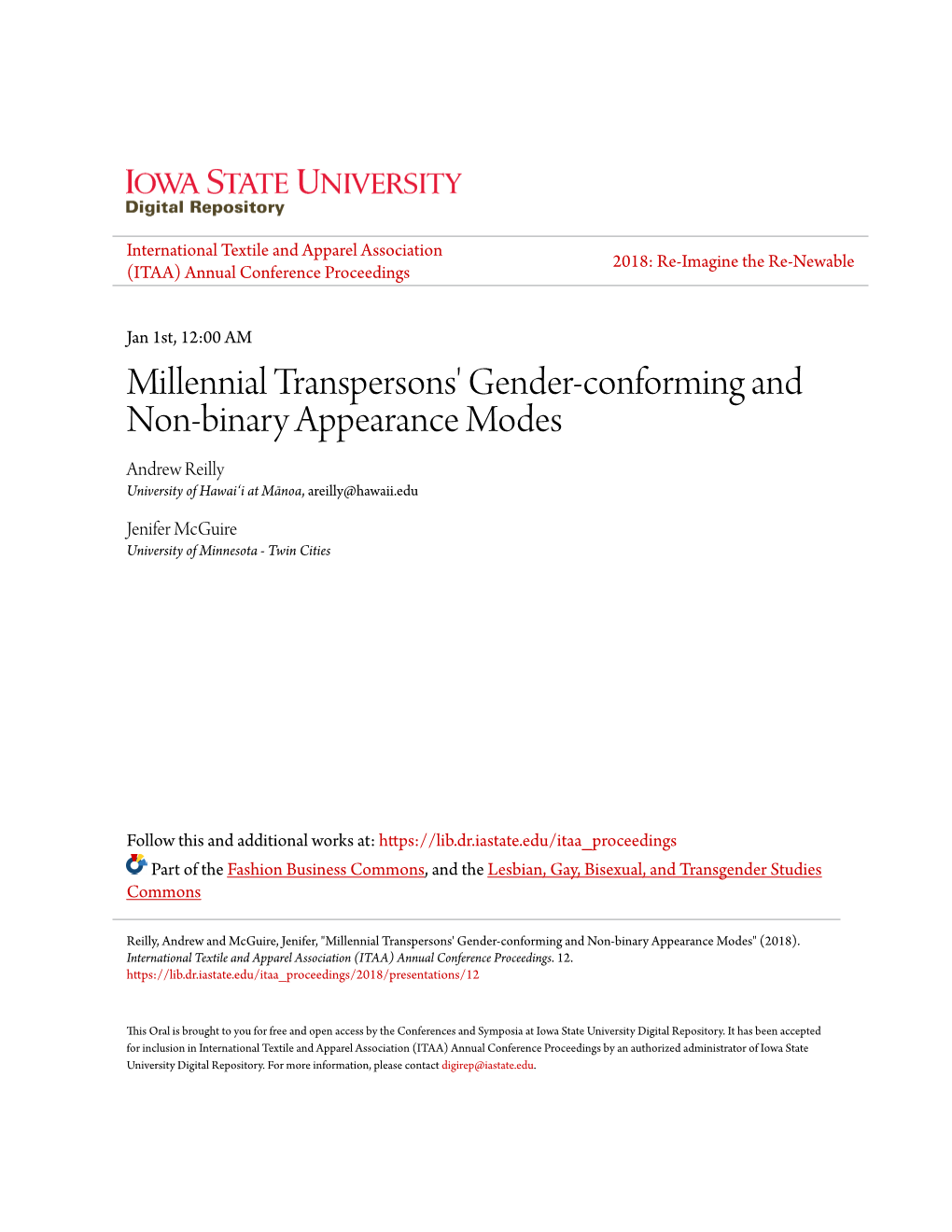 Millennial Transpersons' Gender-Conforming and Non-Binary Appearance Modes Andrew Reilly University of Hawaiʻi at Mānoa, Areilly@Hawaii.Edu