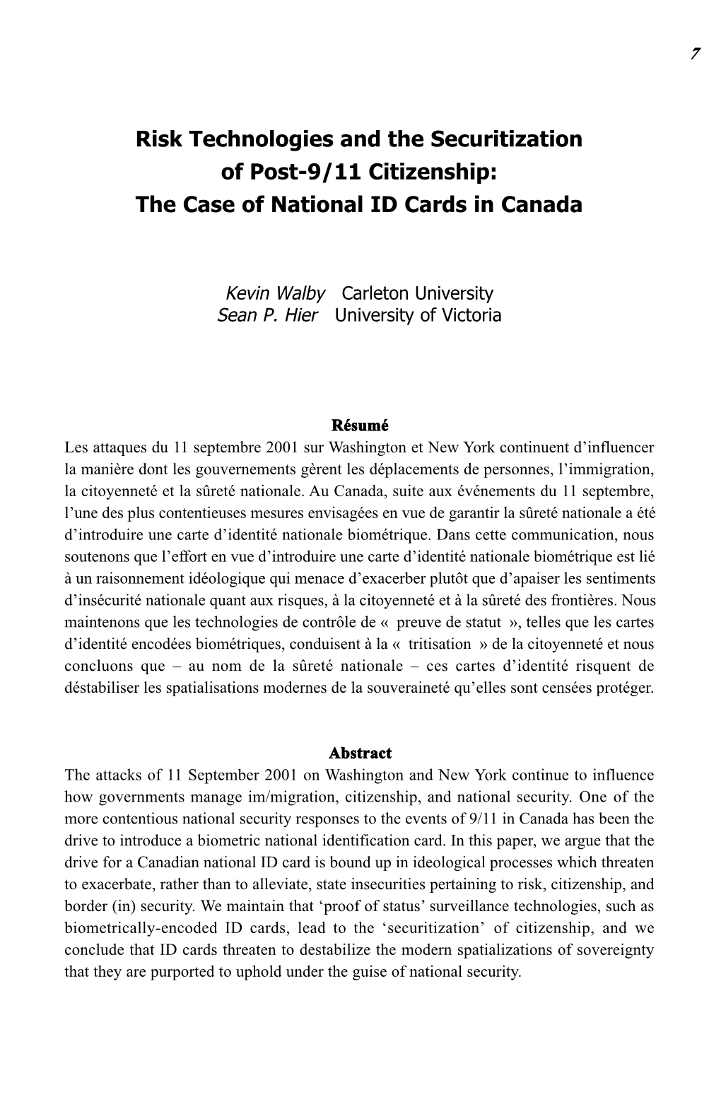 Risk Technologies and the Securitization of Post-9/11 Citizenship: the Case of National ID Cards in Canada