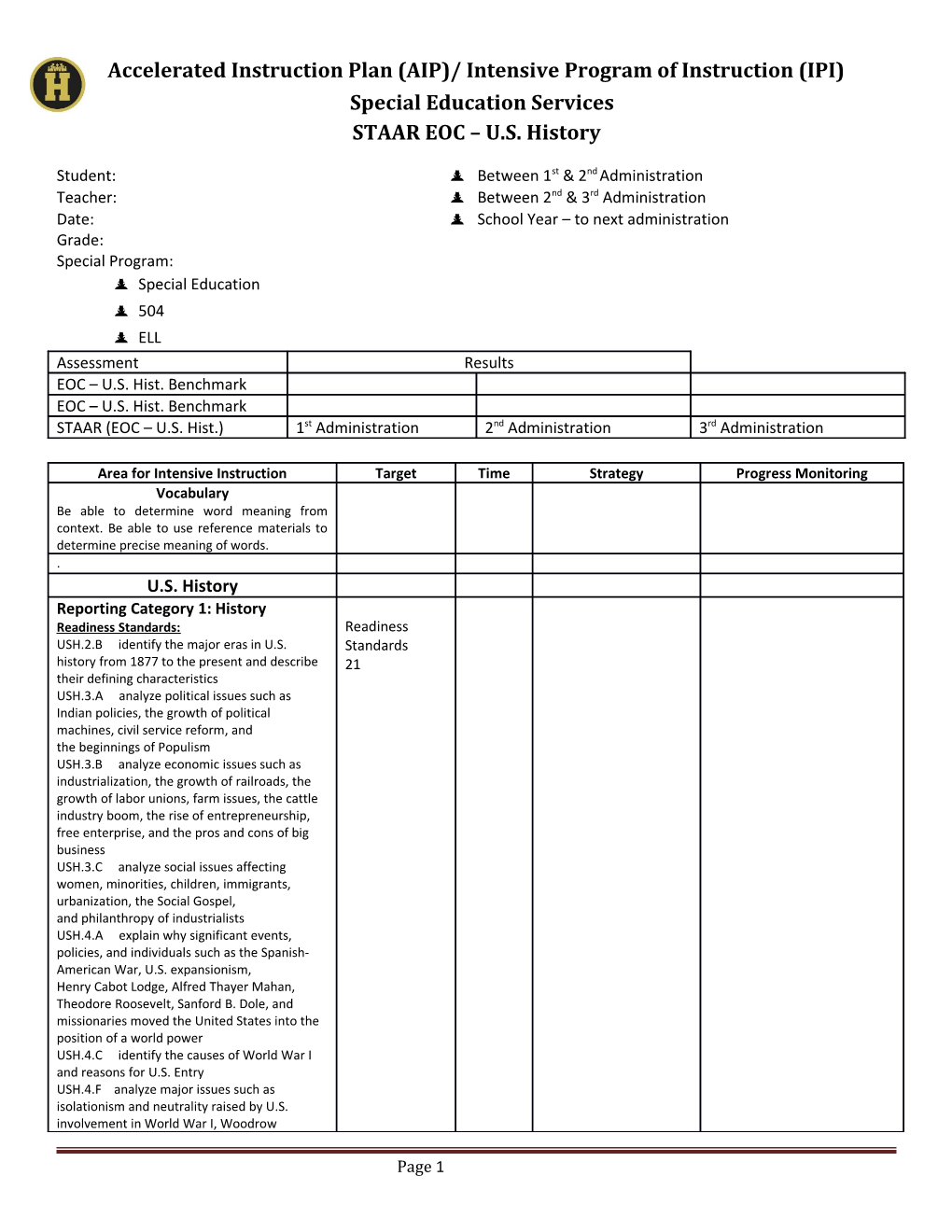 Accelerated Instruction Plan (AIP)/ Intensive Program of Instruction (IPI)