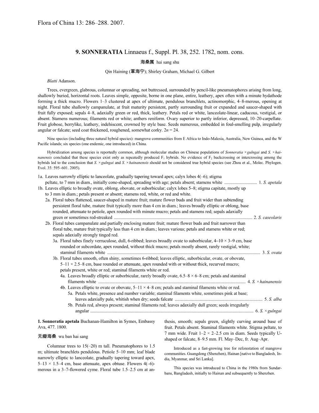 Flora of China 13: 286–288. 2007. 9. SONNERATIA Linnaeus F., Suppl