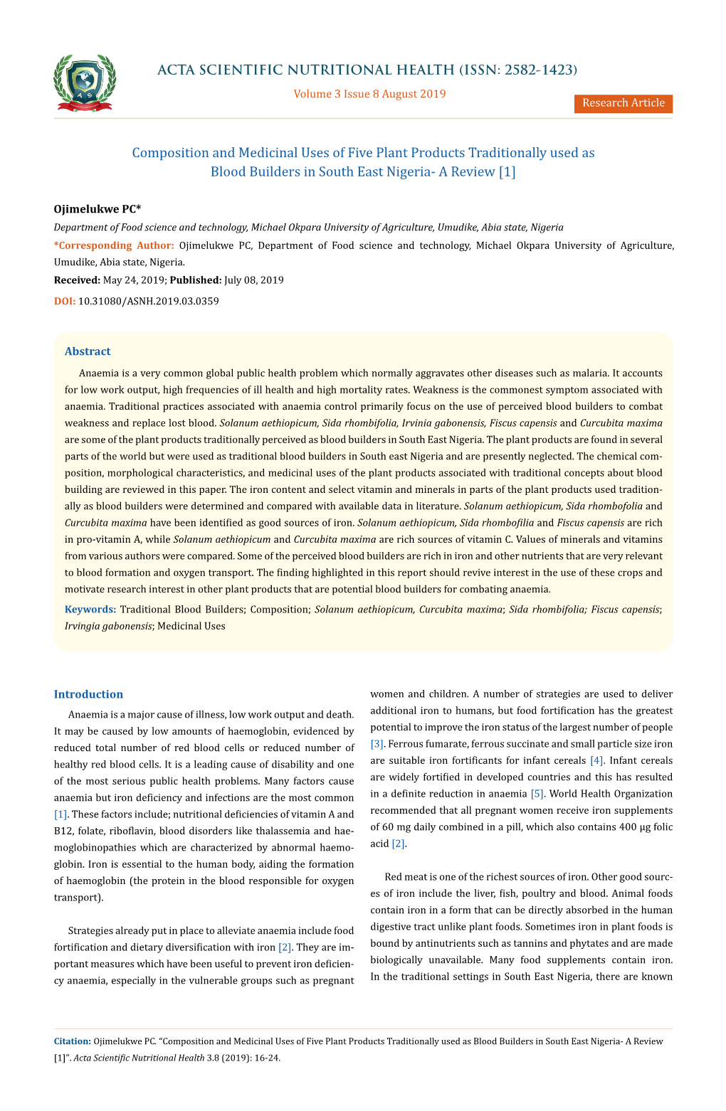 Composition and Medicinal Uses of Five Plant Products Traditionally Used As Blood Builders in South East Nigeria- a Review [1]