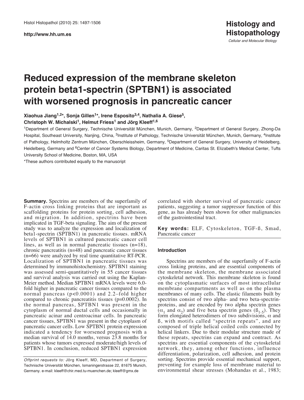 Reduced Expression of the Membrane Skeleton Protein Beta1