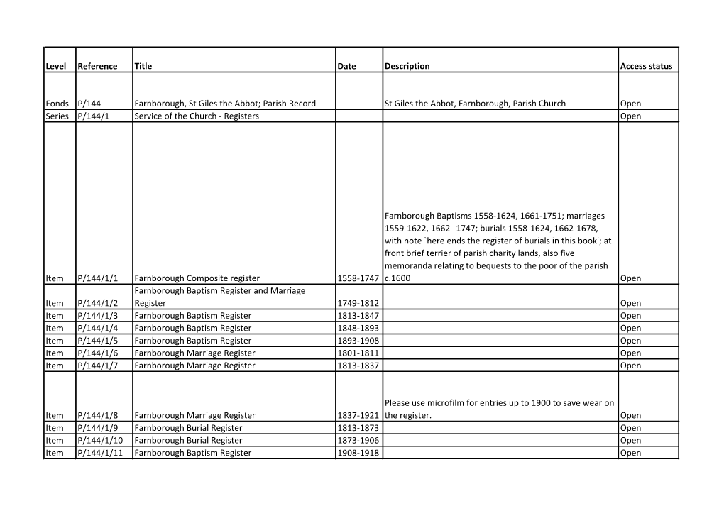 Parish Record St Giles the Abbot, Farnborough, Parish Church Open Series P/144/1 Service of the Church - Registers Open