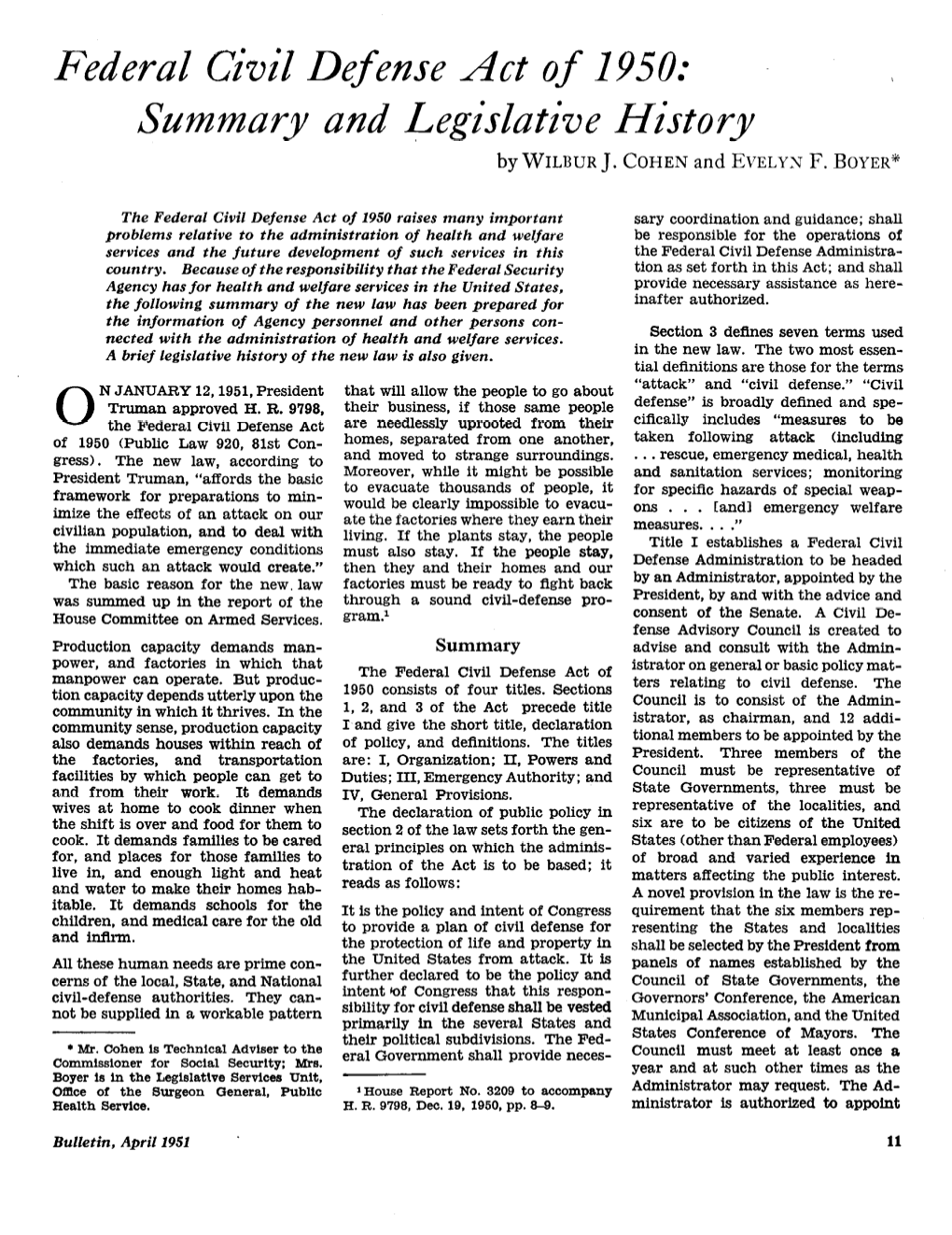 Federal Civil Defense Act of 1950: J Summary and Legislative History by WILBUR J