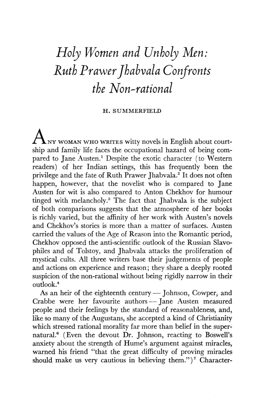 Holy Women and Unholy Men: Ruth Prower Jhabvala Confronts the Non-Rational