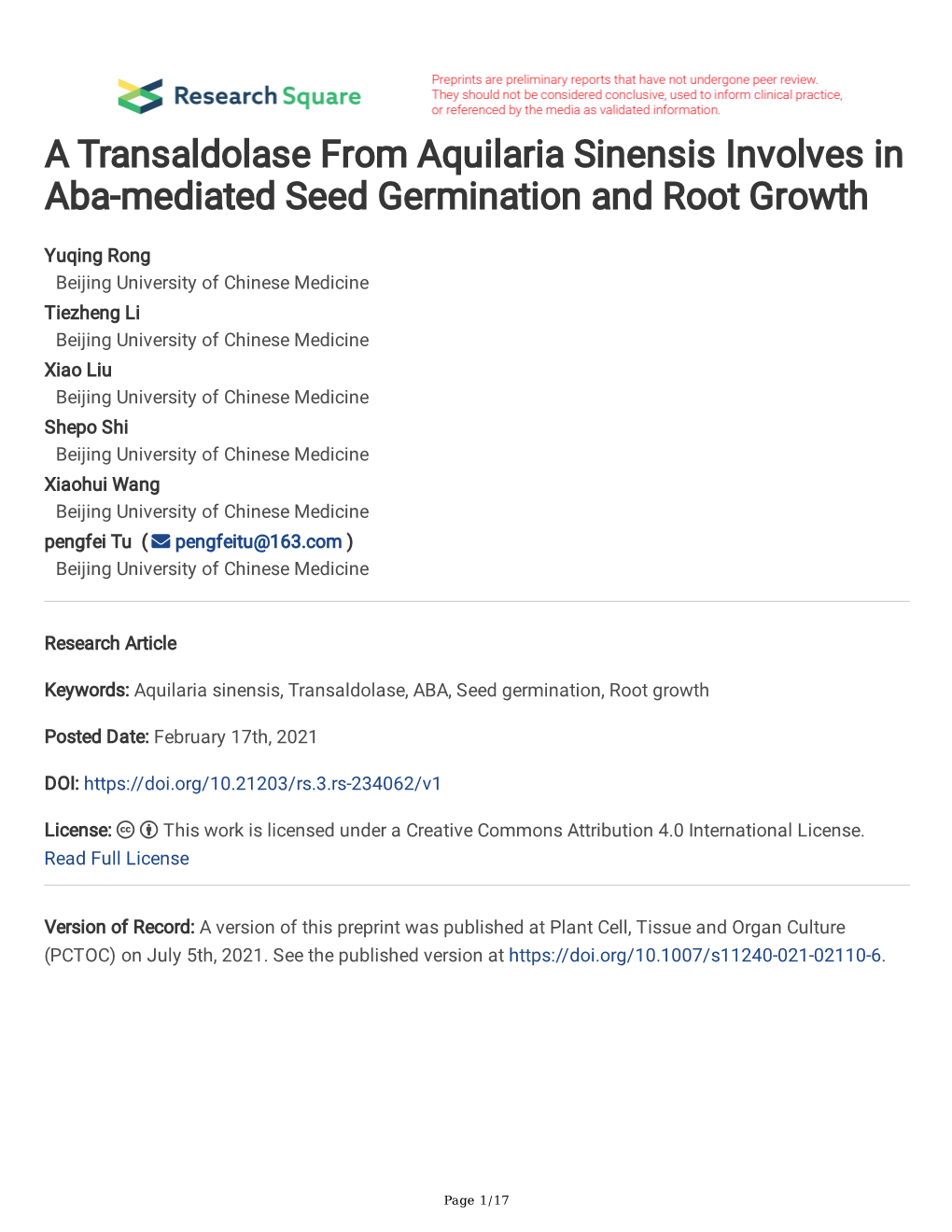 A Transaldolase from Aquilaria Sinensis Involves in Aba-Mediated Seed Germination and Root Growth