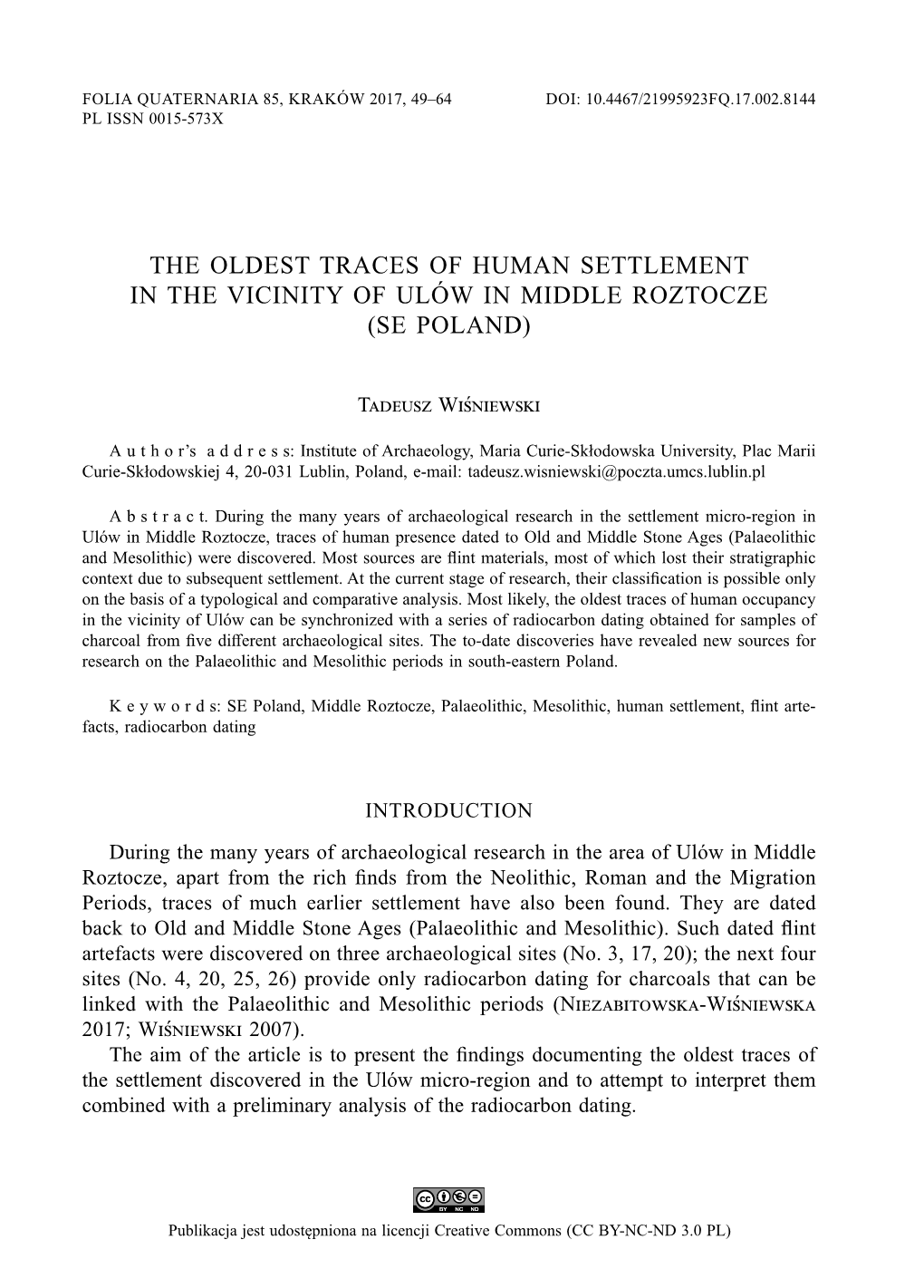 The Oldest Traces of Human Settlement in the Vicinity of Ulów in Middle Roztocze (SE Poland)