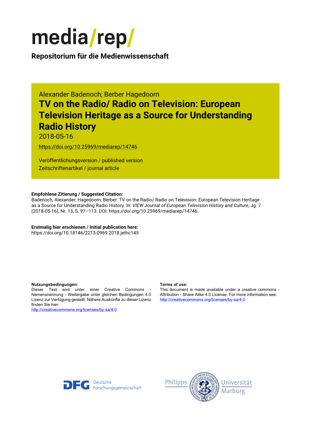 Radio on Television: European Television Heritage As a Source for Understanding Radio History 2018-05-16