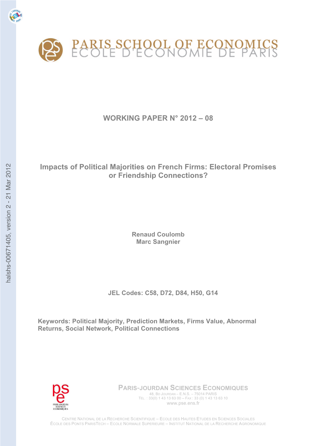 [Halshs-00671405, V2] Impacts of Political Majorities on French Firms