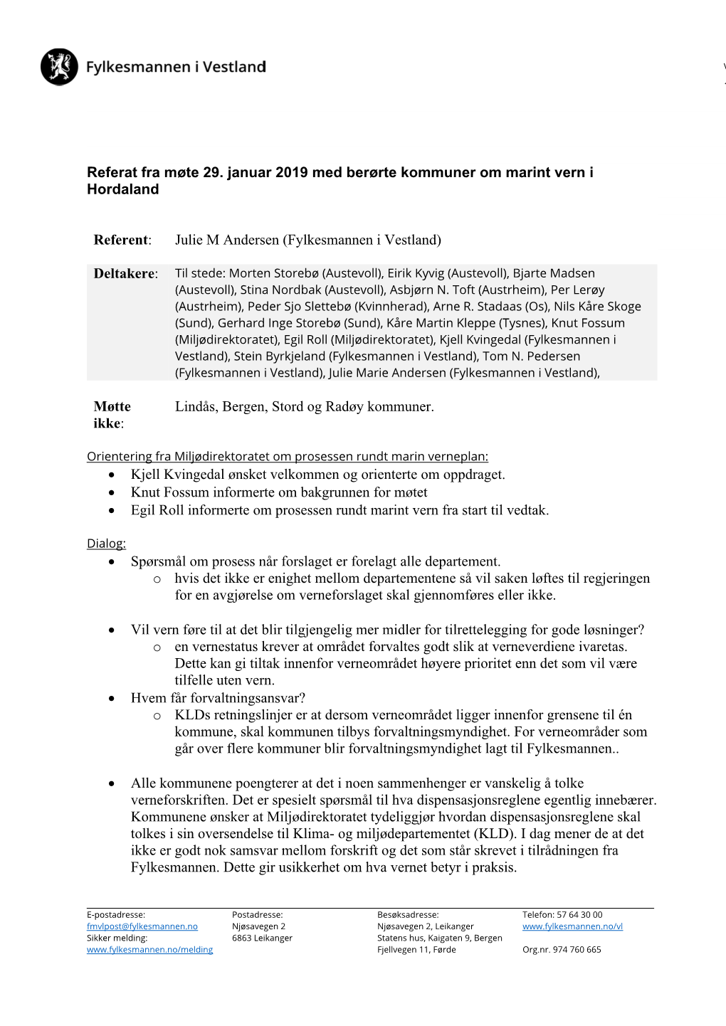 Referat Fra Møte 29. Januar 2019 Med Berørte Kommuner Om Marint Vern I Hordaland