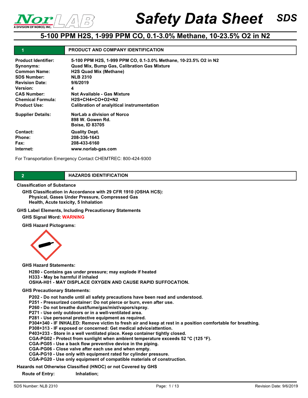 Safety Data Sheet SDS 5-100 PPM H2S, 1-999 PPM CO, 0.1-3.0% Methane, 10-23.5% O2 in N2