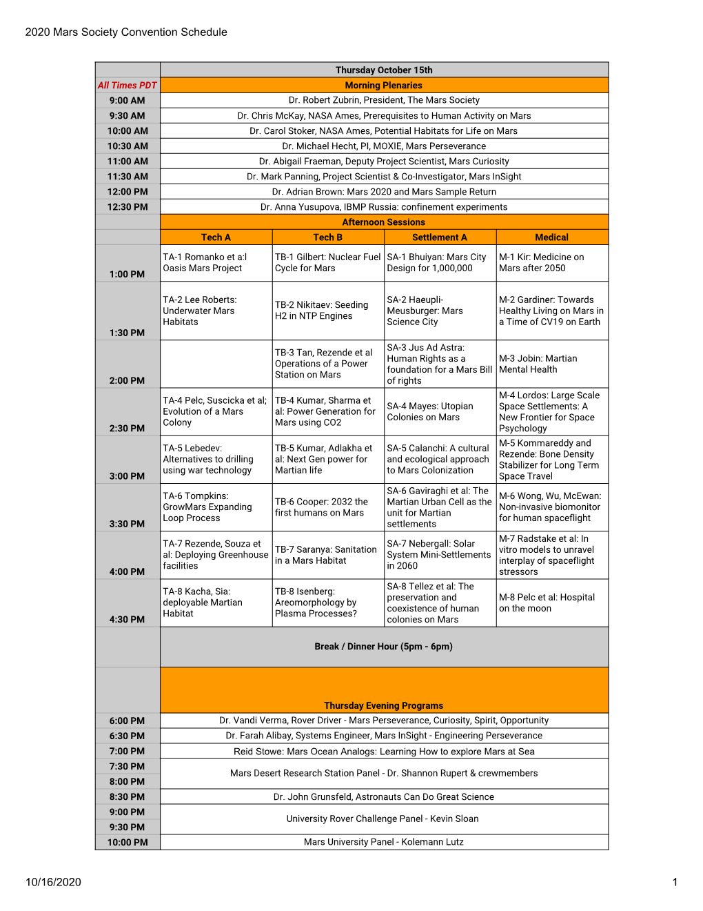 2020 Mars Society Convention Schedule