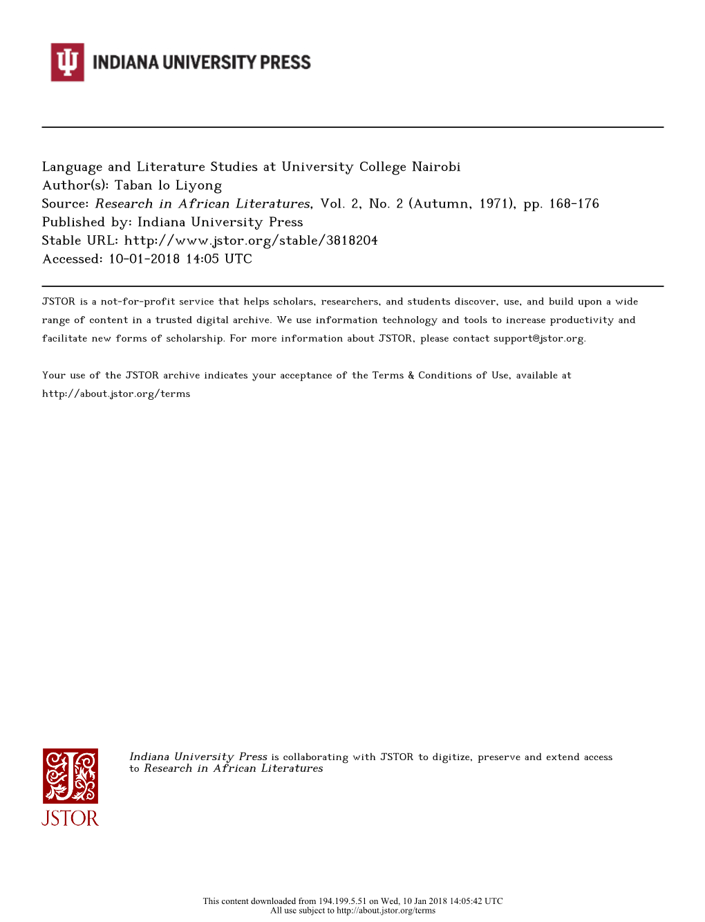 Language and Literature Studies at University College Nairobi Author(S): Taban Lo Liyong Source: Research in African Literatures, Vol