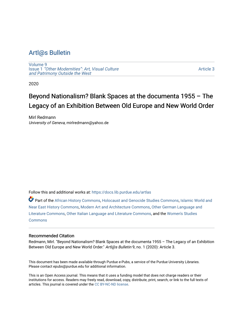 Beyond Nationalism? Blank Spaces at the Documenta 1955 – the Legacy of an Exhibition Between Old Europe and New World Order