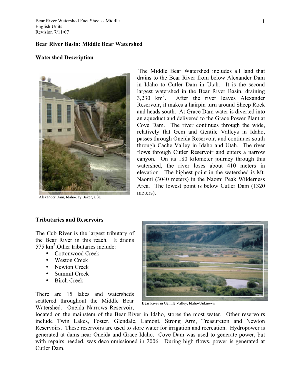 1 Bear River Basin: Middle Bear Watershed Watershed Description the Middle Bear Watershed Includes All Land That Drains to the B