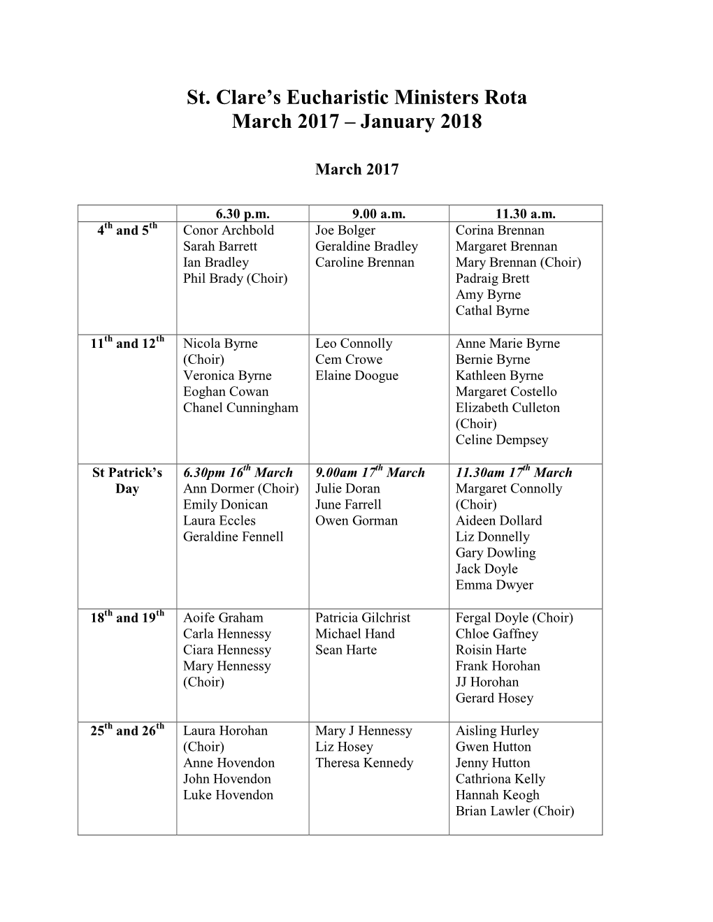 St. Clare's Eucharistic Ministers Rota March 2017 – January 2018