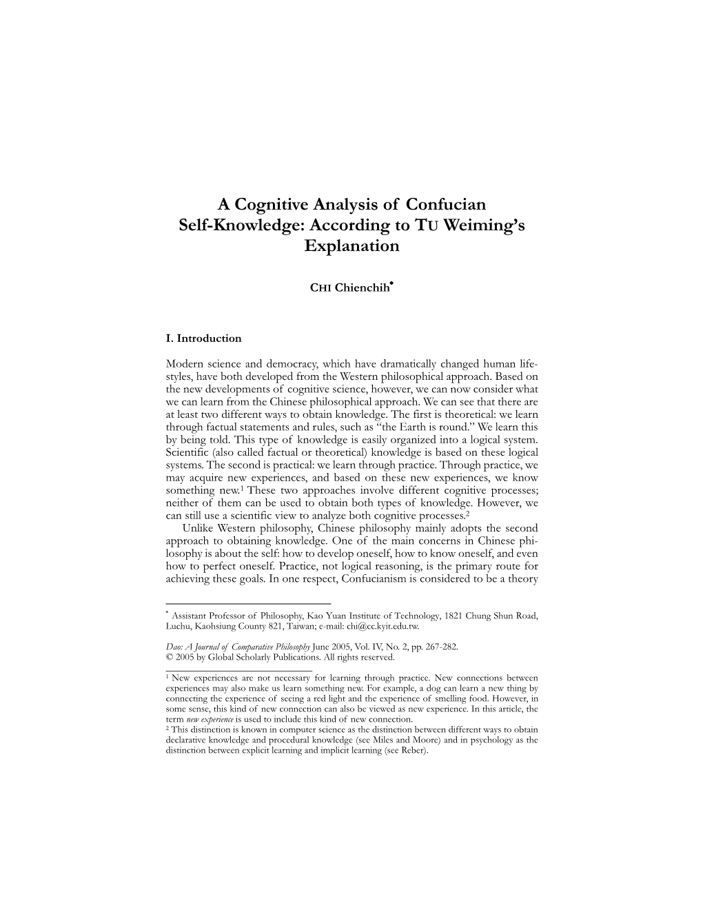 A Cognitive Analysis of Confucian Self-Knowledge: According to TU Weiming’S Explanation