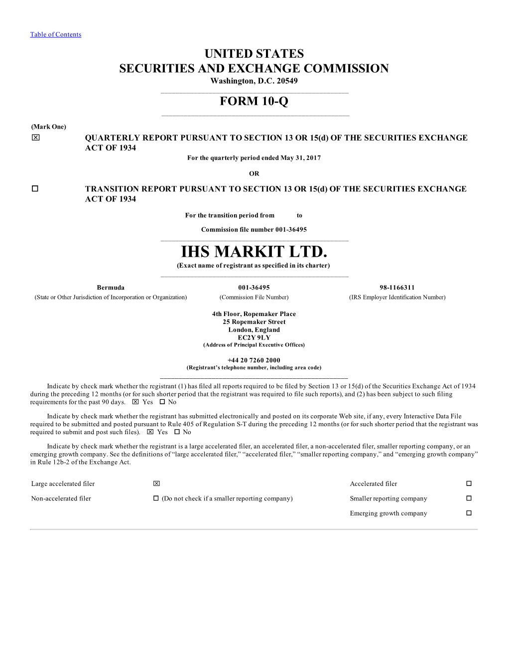 IHS MARKIT LTD. (Exact Name of Registrant As Specified in Its Charter) ______