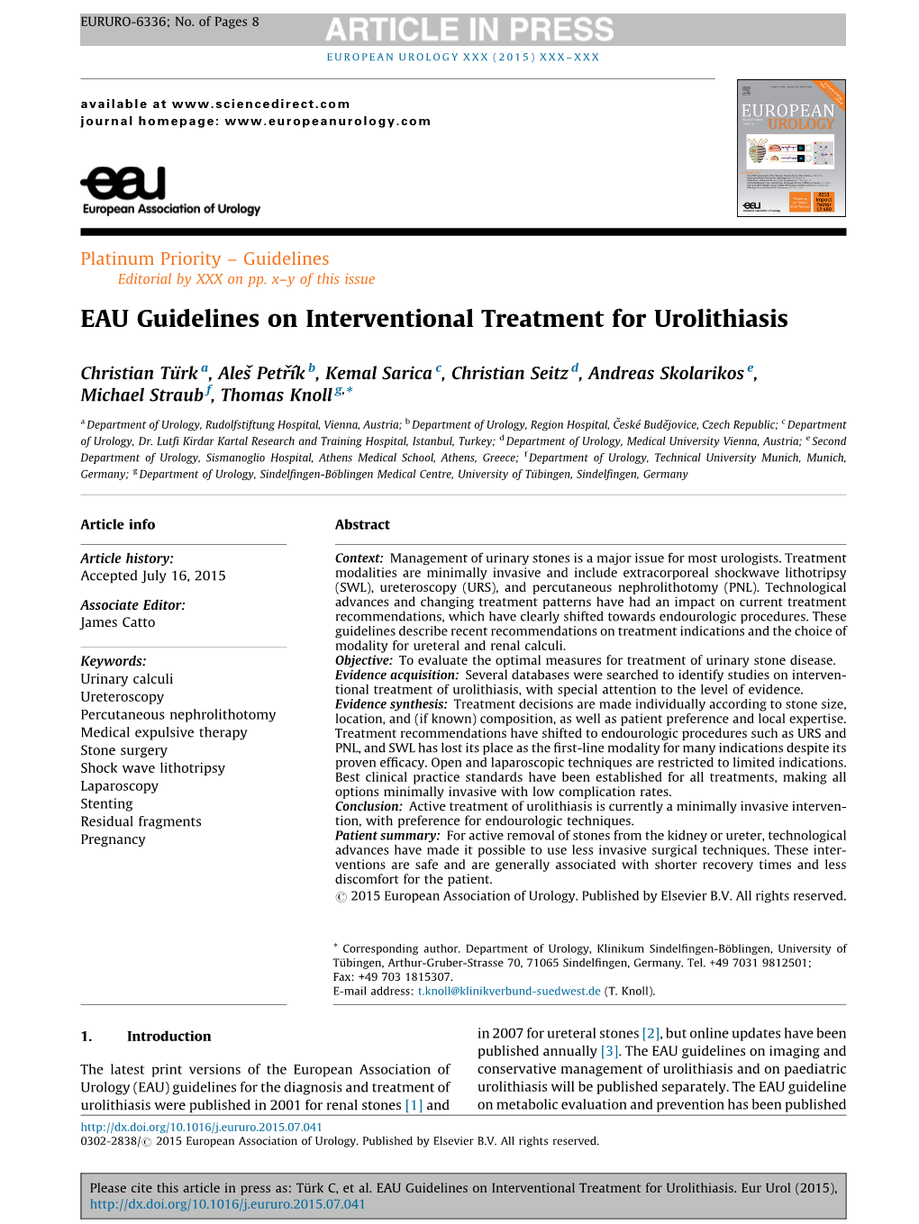 EAU Guidelines on Interventional Treatment for Urolithiasis