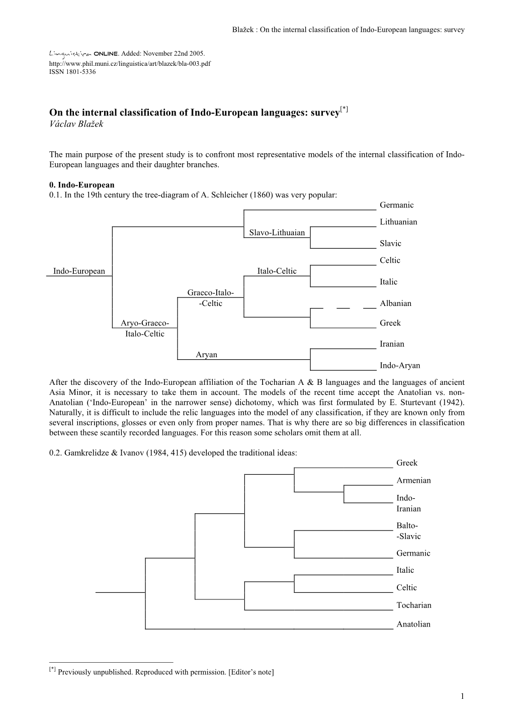 Blažek : on the Internal Classification of Indo-European Languages: Survey