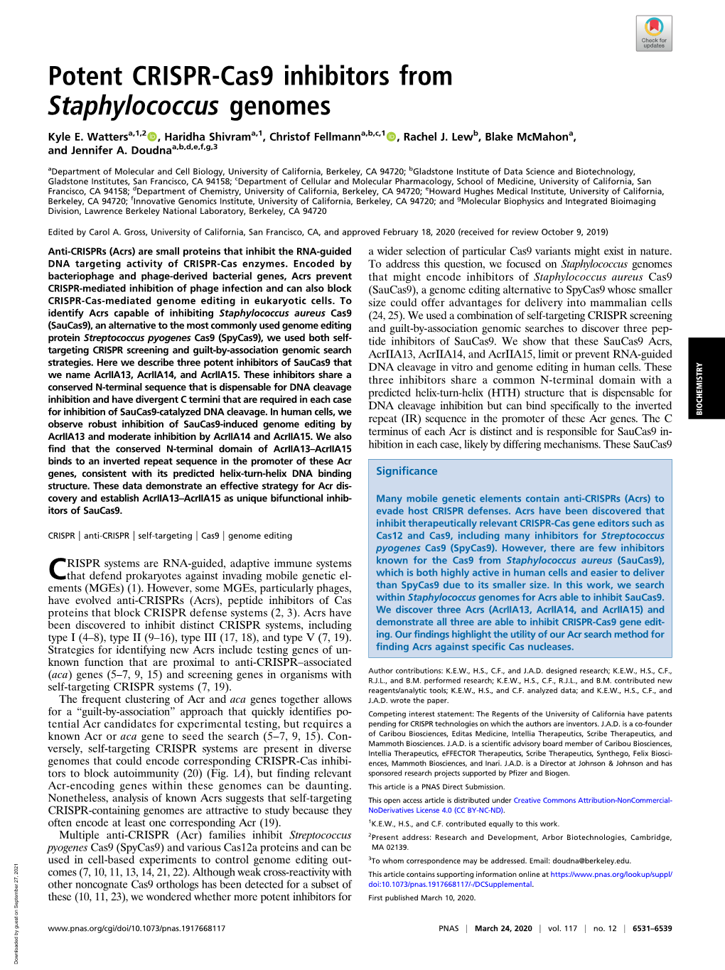 Potent CRISPR-Cas9 Inhibitors from Staphylococcus Genomes