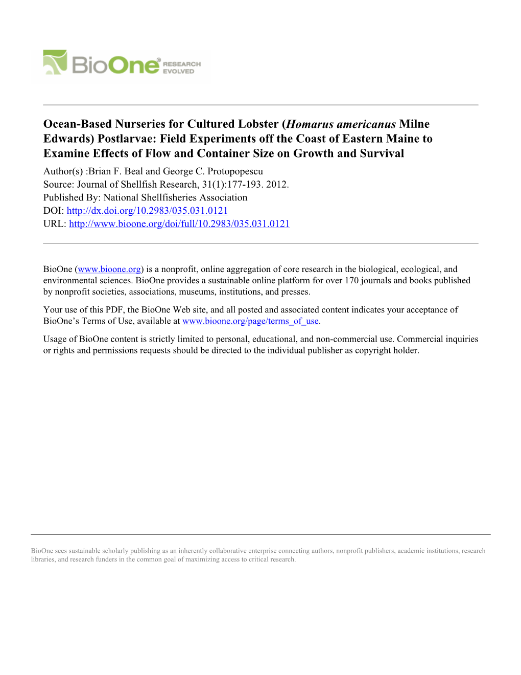 Ocean-Based Nurseries for Cultured Lobster (Homarus Americanus Milne Edwards)