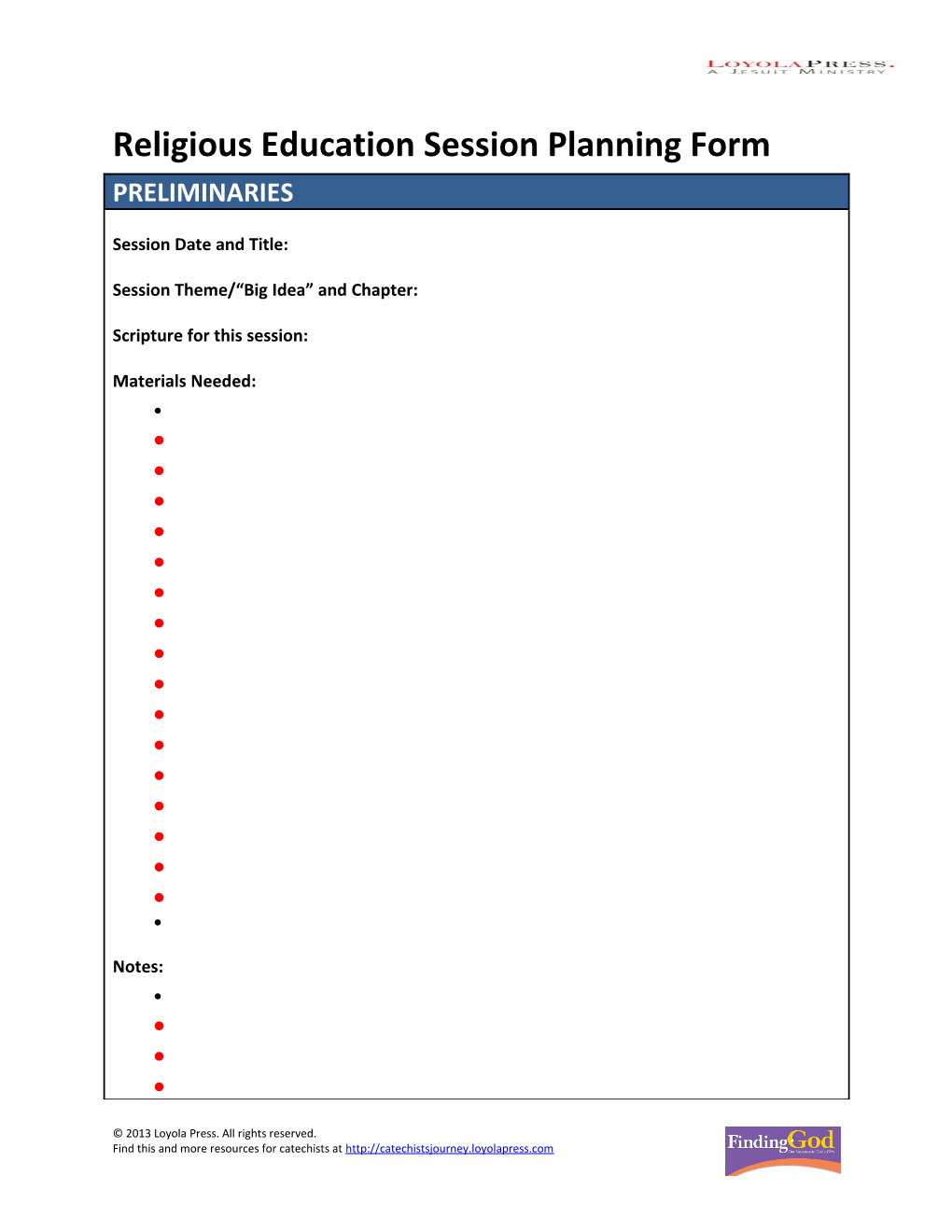 Religious Education Session Planning Form