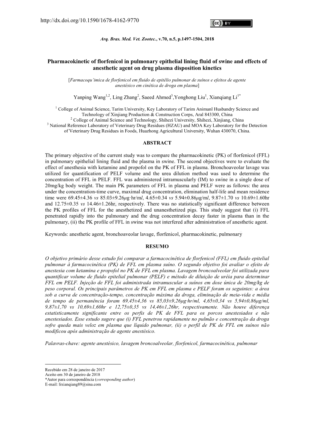 Pharmacokinetic of Florfenicol in Pulmonary Epithelial Lining Fluid of Swine and Effects of Anesthetic Agent on Drug Plasma Disposition Kinetics