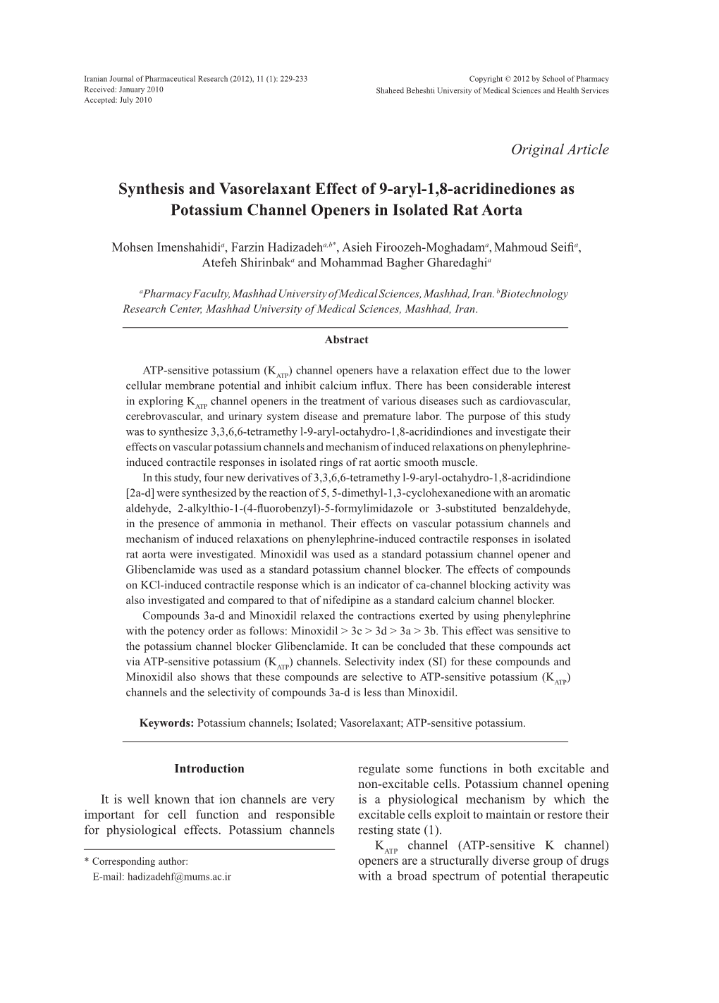 Synthesis and Vasorelaxant Effect of 9-Aryl-1, 8-Acridinediones As