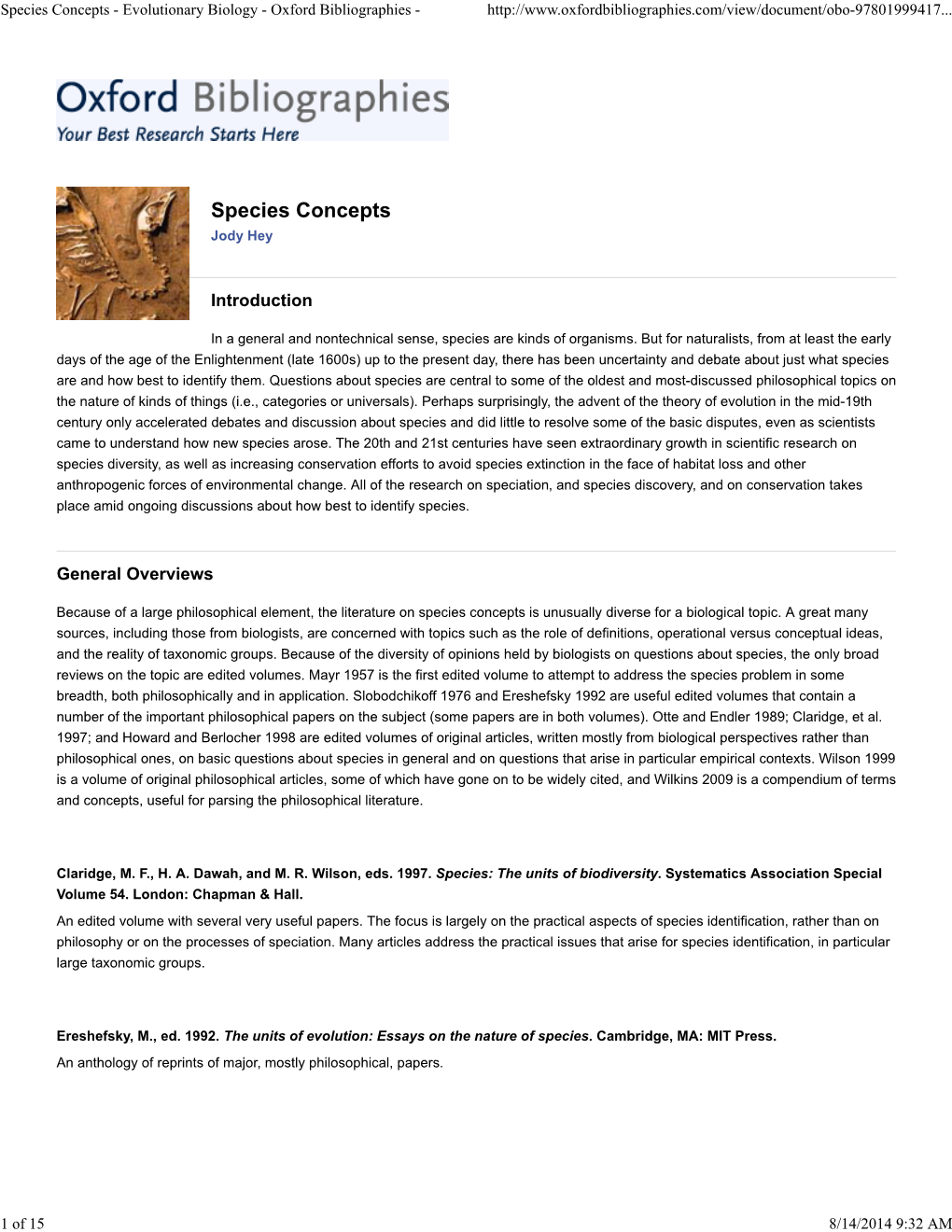 Species Concepts - Evolutionary Biology - Oxford Bibliographies