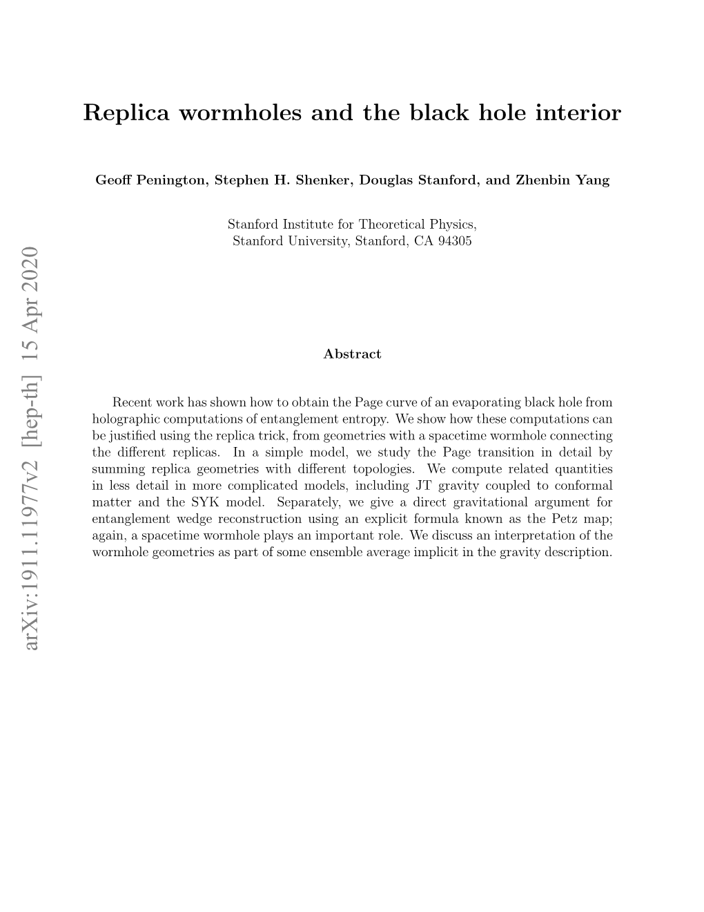 Replica Wormholes and the Black Hole Interior Arxiv:1911.11977V2