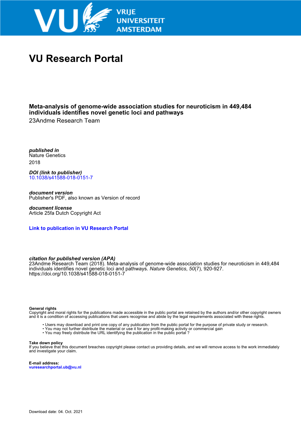 Meta-Analysis of Genome-Wide Association Studies for Neuroticism in 449,484 Individuals Identifies Novel Genetic Loci and Pathways 23Andme Research Team