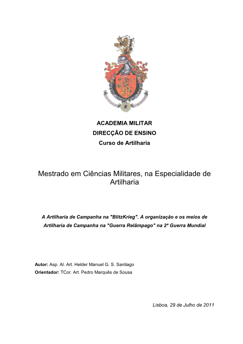 Mestrado Em Ciências Militares, Na Especialidade De Artilharia